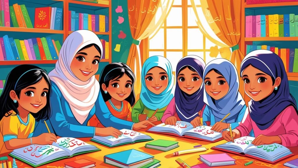 Jeune enfant s’exerçant à écrire des lettres arabes