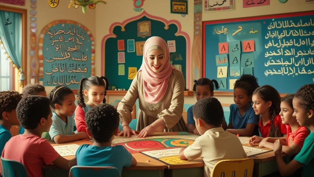Enfant apprenant les lettres arabes lors d'un cours en ligne